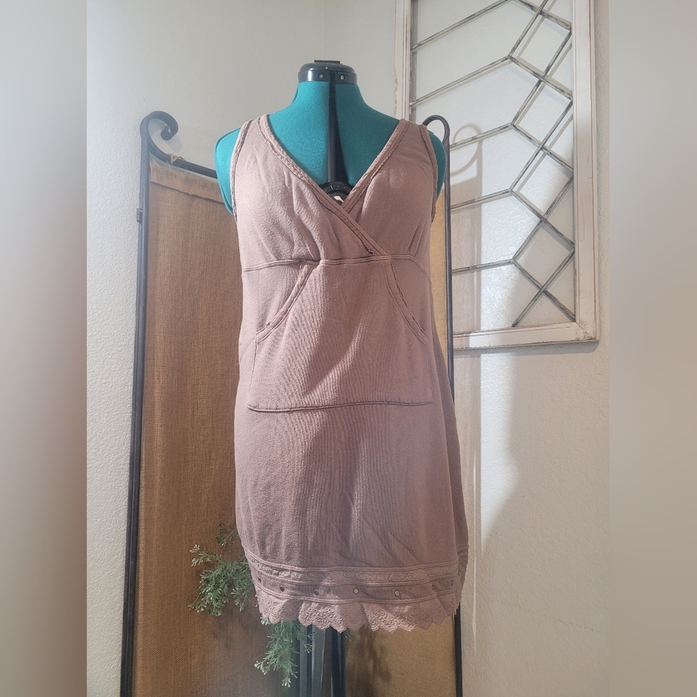 Crash & Burn Brown Tank Mini Beach Summer Dress with Lace Trim and Side Pockets